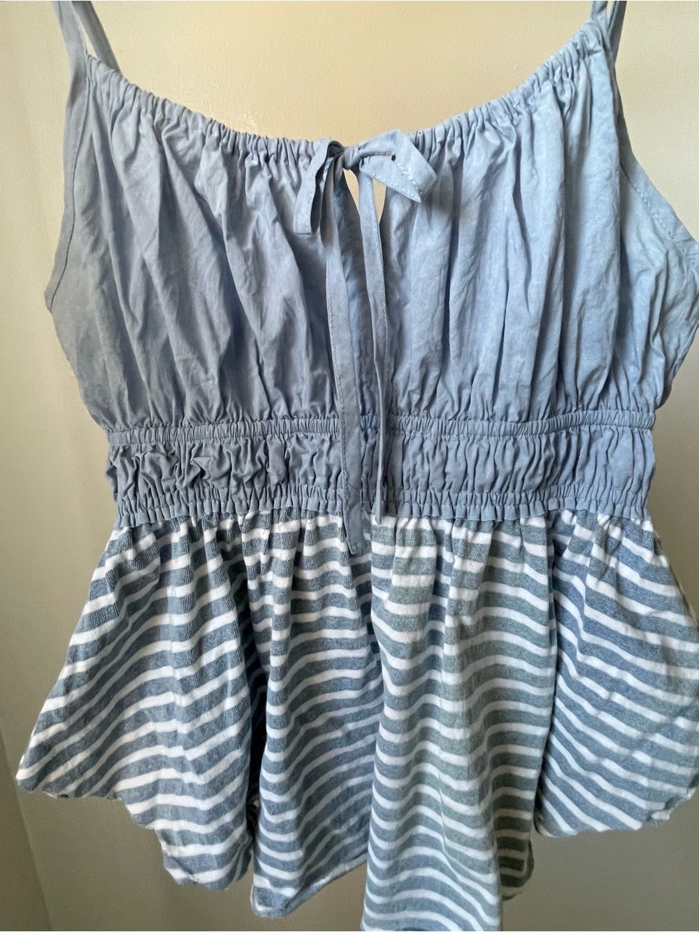 Light Blue Striped Smocked Waist Women's Tank Top